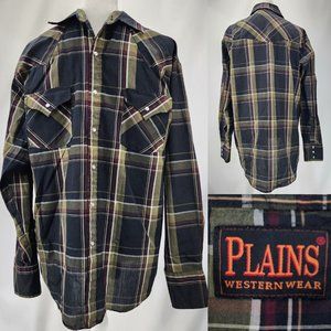 Plains Western Wear Men Large Pearl Snaps Snap Button Long Sleeve Black Olive